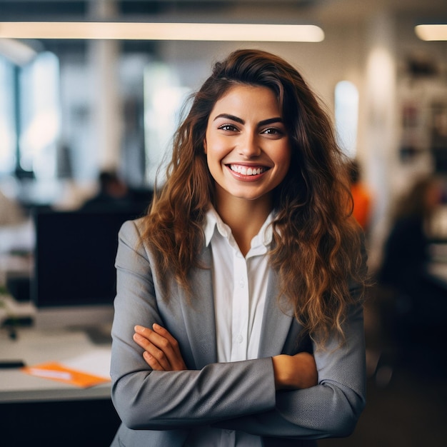 Une femme d'affaires heureuse sourit au bureau