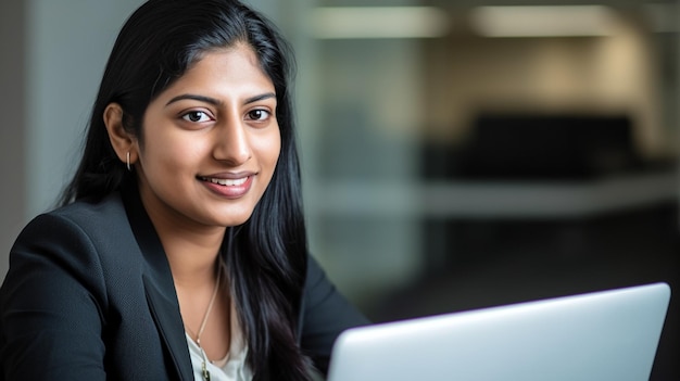 Femme d'affaires heureuse travaillant avec un ordinateur portable Dans un bureau propre et lumineux avec Generative AI