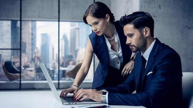 Une femme d'affaires et un homme d'affaires, des collègues travaillant sur un ordinateur portable.