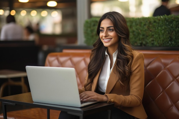 Femme d'affaires indienne ou employé d'entreprise utilisant un ordinateur portable