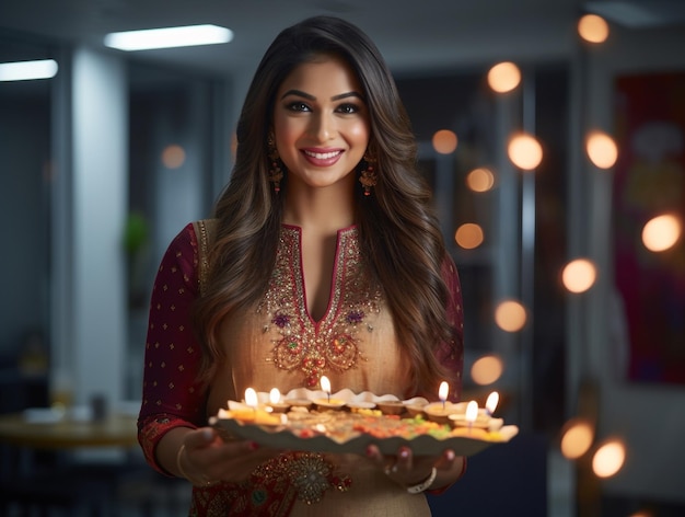 Une femme d'affaires indienne heureuse célèbre Diwali en portant un pooja thali dans sa main à l'intérieur de son bureau.