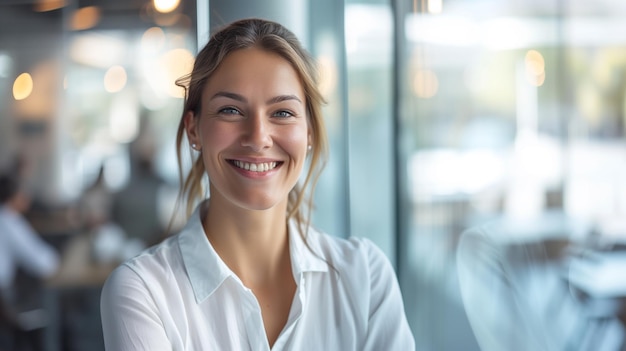 Une femme d'affaires joyeuse dans un bureau avec des murs de verre flou.