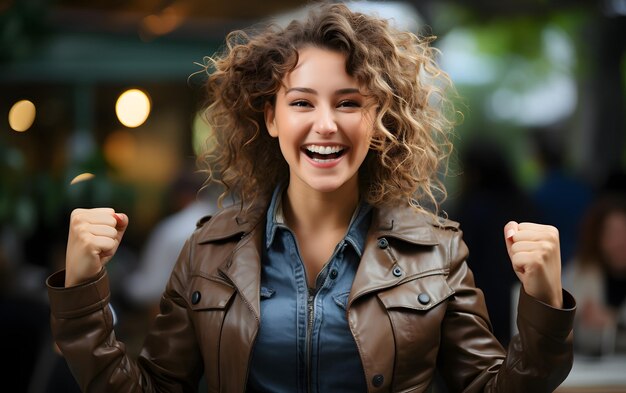 Une femme d'affaires joyeuse, une entrepreneure indépendante, un concept de projet gagnant souriant, un gril heureux avec les mains.