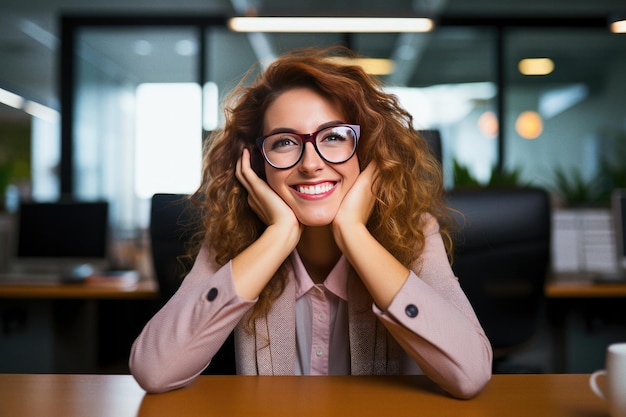 Femme d'affaires joyeuse avec des lunettes avec ses mains sous son visage montrant son sourire dans un bureau