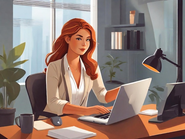 Une femme d'affaires joyeuse portant des lunettes travaille dans un bureau Une jeune et magnifique employée travaille sur un nouvel ordinateur portable Illustration vectorielle plate de style vectoriel à la mode