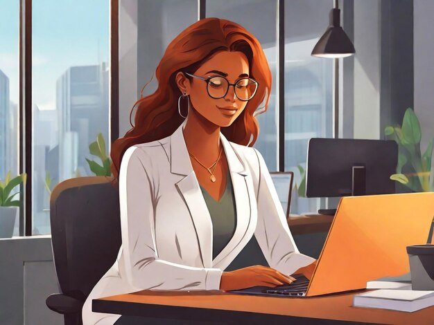 Une femme d'affaires joyeuse portant des lunettes travaille dans un bureau Une jeune et magnifique employée travaille sur un nouvel ordinateur portable Illustration vectorielle plate de style vectoriel à la mode