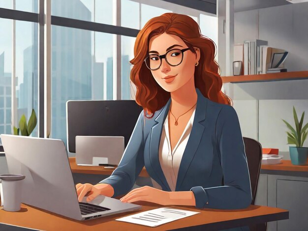 Photo une femme d'affaires joyeuse portant des lunettes travaille dans un bureau une jeune et magnifique employée travaille sur un nouvel ordinateur portable illustration vectorielle plate de style vectoriel à la mode