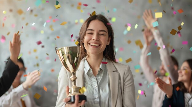 Une femme d'affaires joyeuse soulevant un trophée pour célébrer avec des confettis vibrants.