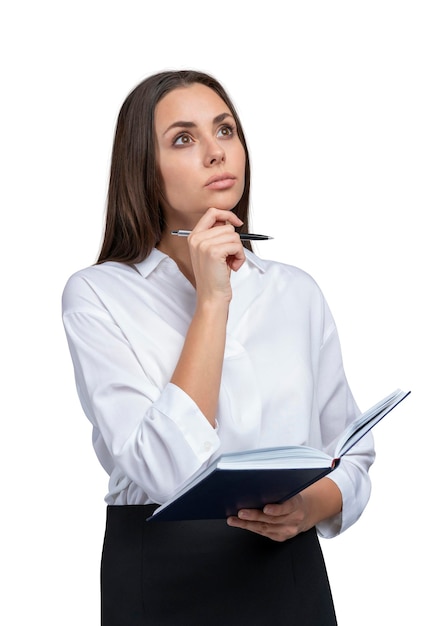 Femme d'affaires en jupe avec ordinateur portable isolé sur fond blanc