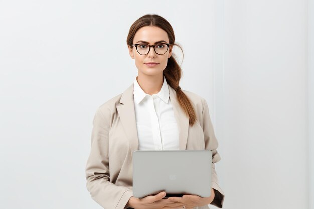 femme d'affaires à lunettes tenant un ordinateur portable ai génératif