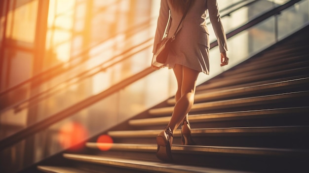 femme d'affaires marchant dans les escaliers techniques mixtes