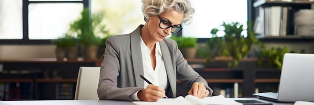 Une femme d'affaires mature écrivant dans son journal dans un bureau.