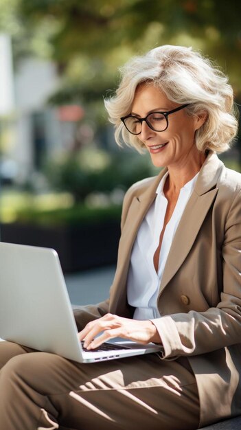 une femme d'affaires mature heureuse utilisant un ordinateur portable assise sur un banc