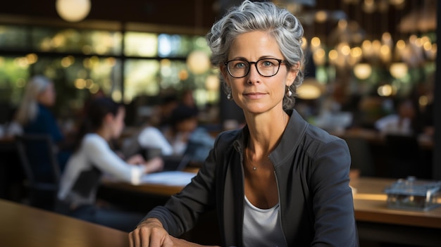 Une femme d'affaires mature souriante dans un café.