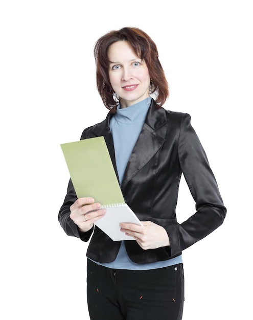 Femme d'affaires moderne avec des documents isolés sur blanc