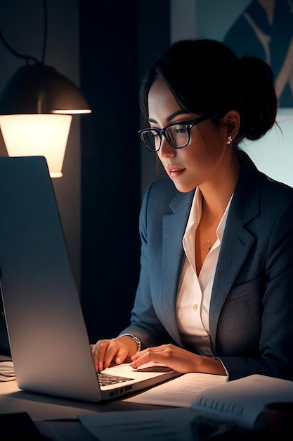 Une femme d'affaires moderne est assise dans son bureau, son ordinateur portable brille AI_generated