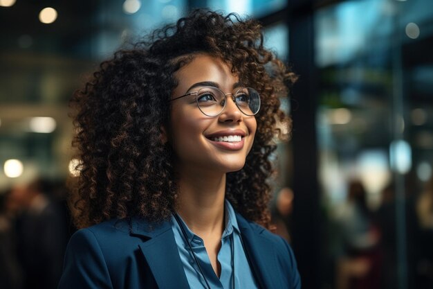 Une femme d'affaires multinationale prospère marche dans la rue d'un mythe moderne