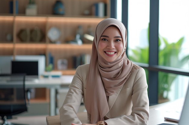 Une femme d'affaires musulmane asiatique souriante portant un hijab est assise à son bureau dans un bureau moderne