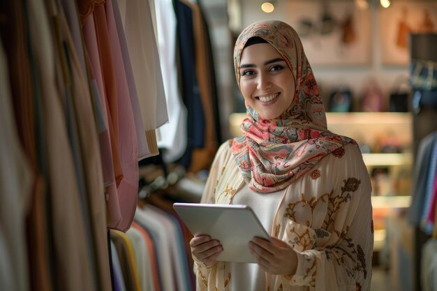 Une femme d'affaires musulmane avec une tablette dans une boutique de mode, le propriétaire souriant.