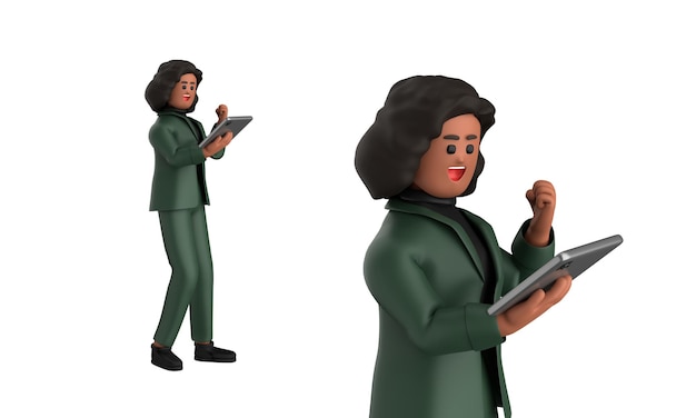 Une femme d'affaires noire en 3D se tient debout avec un ordinateur portable, une tablette et un téléphone portable isolé.
