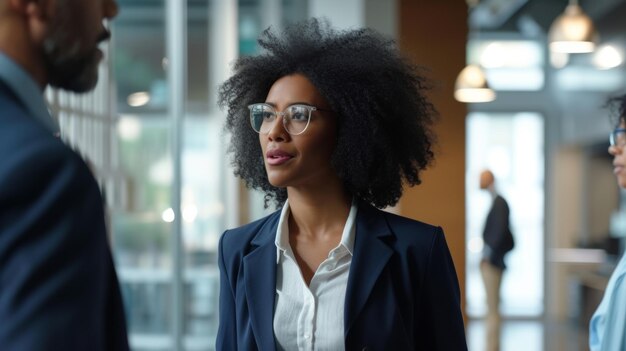 Photo une femme d'affaires noire communiquant avec un collègue mature en passant par le bureau.