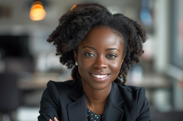 Une femme d'affaires noire souriante et appuyée sur son bureau tout en regardant la caméra dans un bureau moderne et lumineux.