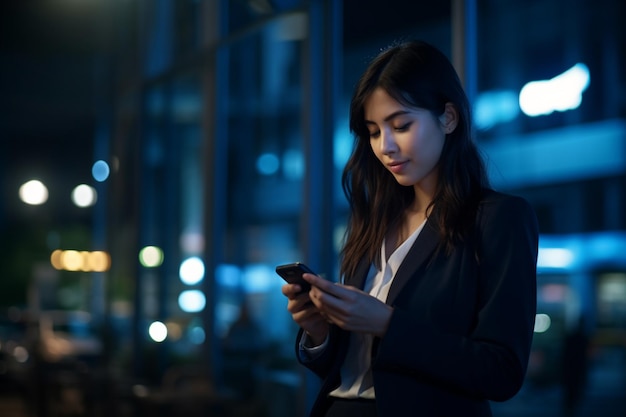 Une femme d'affaires la nuit en utilisant le téléphone la nuit en ville avec l'IA générative