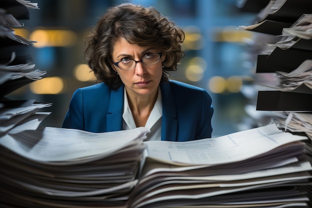 Photo une femme d'affaires occupée de 40 ans gère des documents financiers au bureau et utilise un ordinateur portable pour les rapports