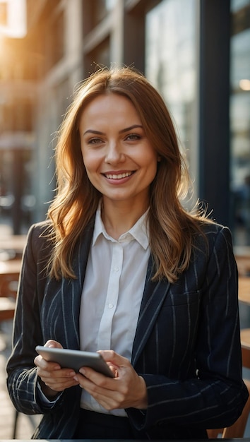 Une femme d'affaires avec un ordinateur portable ou une tablette travaille dans un café dans la rue près d'une entreprise moderne