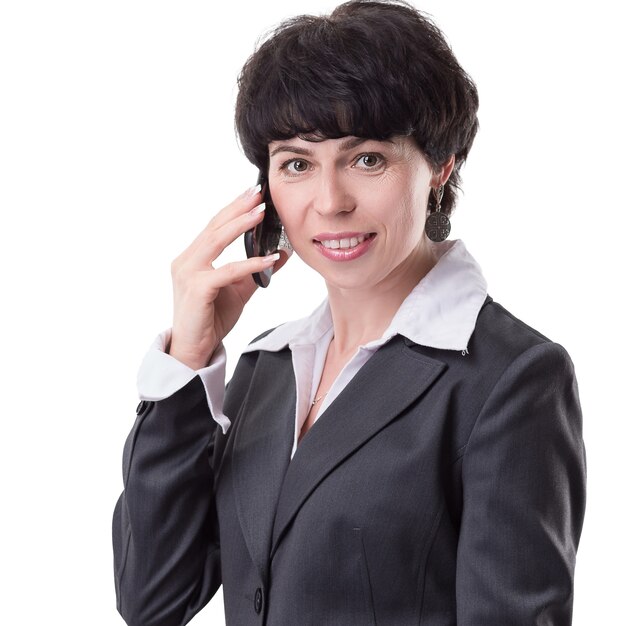 Femme d'affaires parlant au téléphone mobile.isolated on white