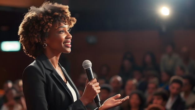 une femme d'affaires parlant dans un microphone avec une foule en arrière-plan