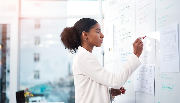 Femme d'affaires planifiant une stratégie marketing sur un tableau blanc dans un bureau moderne pour une entreprise Une femme africaine sérieuse et professionnelle écrivant une idée intelligente et créative sur le lieu de travail