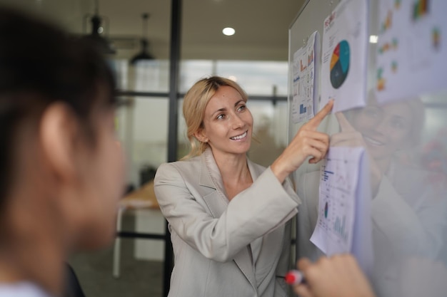 Femme d'affaires pointant sur des graphiques sur un tableau blanc lors d'une réunion d'entreprise au bureau