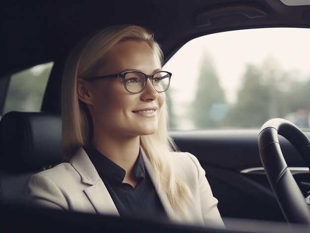 Femme d'affaires portant des lunettes conduisant une voiture avec un esprit optimiste et un sourire heureux