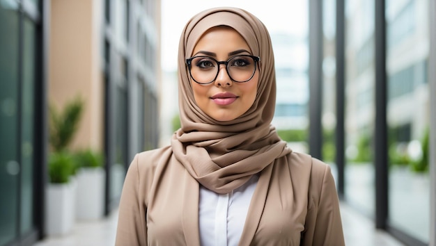 Une femme d'affaires portant des lunettes portant la robe de hijab soigneusement et avec confiance debout devant