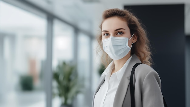 Femme d'affaires portant un masque à l'intérieur du bureau