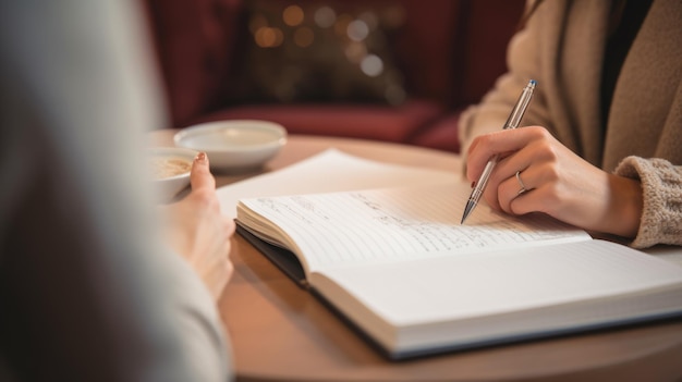 Une femme d'affaires prend des notes dans un carnet .