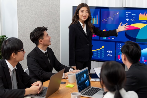 Une femme d'affaires présente les données du tableau de bord à l'écran au bureau de l'harmonie