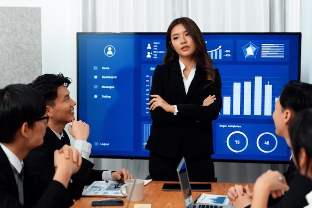 Une femme d'affaires présente les données du tableau de bord à l'écran au bureau de l'harmonie