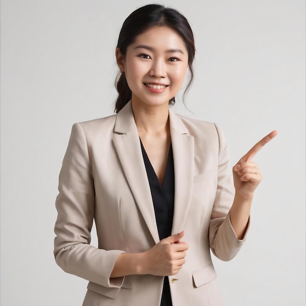 Femme d'affaires professionnelle asiatique heureuse en costume montrant l'annonce souriante et poi