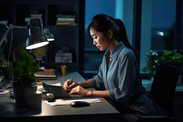 Une femme d'affaires professionnelle travaillant à un bureau de bureau moderne IA générative