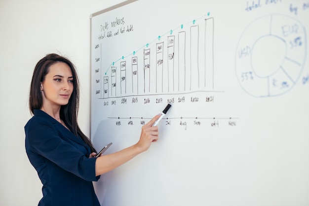 Femme affaires, projection, présentation, sur, bureau magnétique