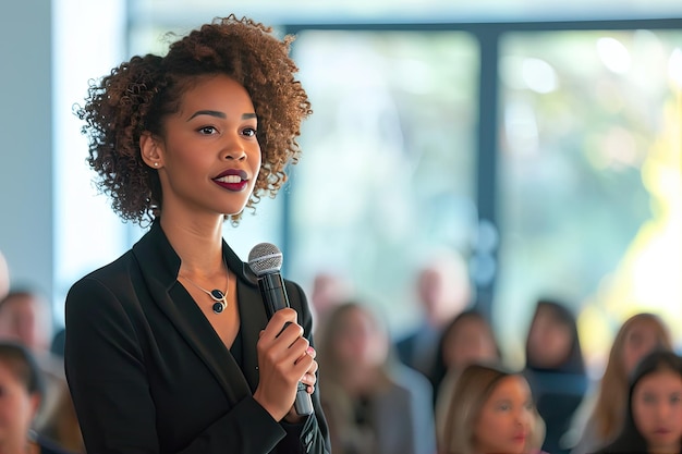 Une femme d'affaires prononce un discours motivant sur scène.