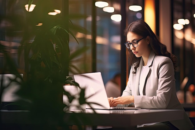 Une femme d'affaires prospère assise à son bureau et travaillant sur un ordinateur portable au bureau.