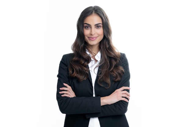 Femme d'affaires prospère en costume souriant amical