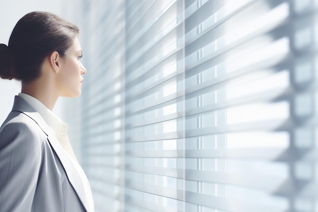 Une femme d'affaires prospère dans un bureau moderne debout près de la fenêtre contemplant son prochain mouvement
