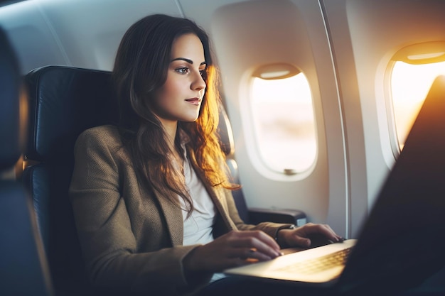 Une femme d'affaires prospère vole en avion en utilisant un ordinateur portable