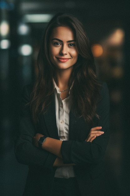 Une femme d'affaires qui sourit et croise les bras.