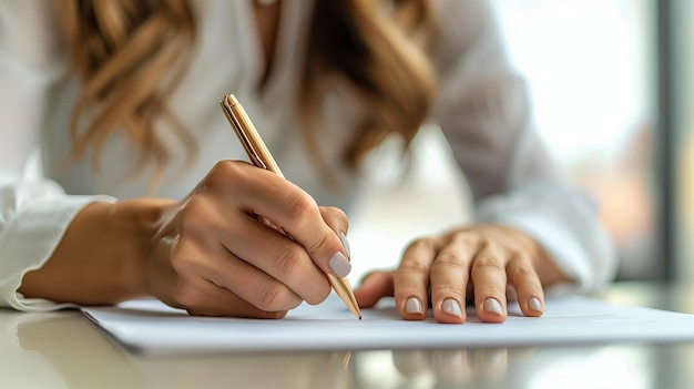 Une femme d'affaires qui utilise un stylo pour signer et écrire au bureau.