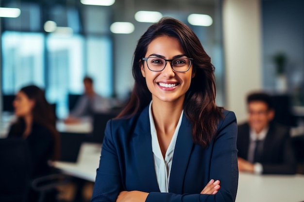 Une femme d'affaires rayonnante, un sourire joyeux sur le lieu de travail, une IA générative